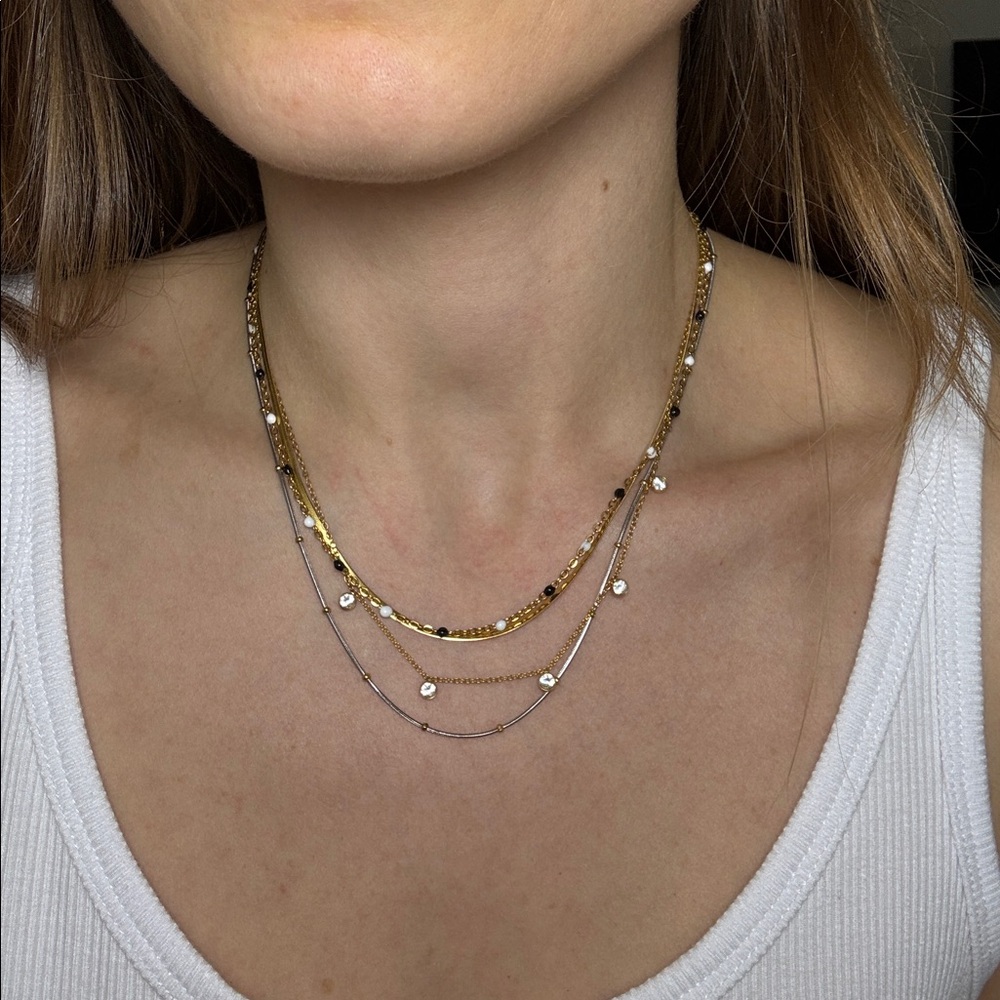 Dainty gold black & white beaded look necklace delicate jeweled chain